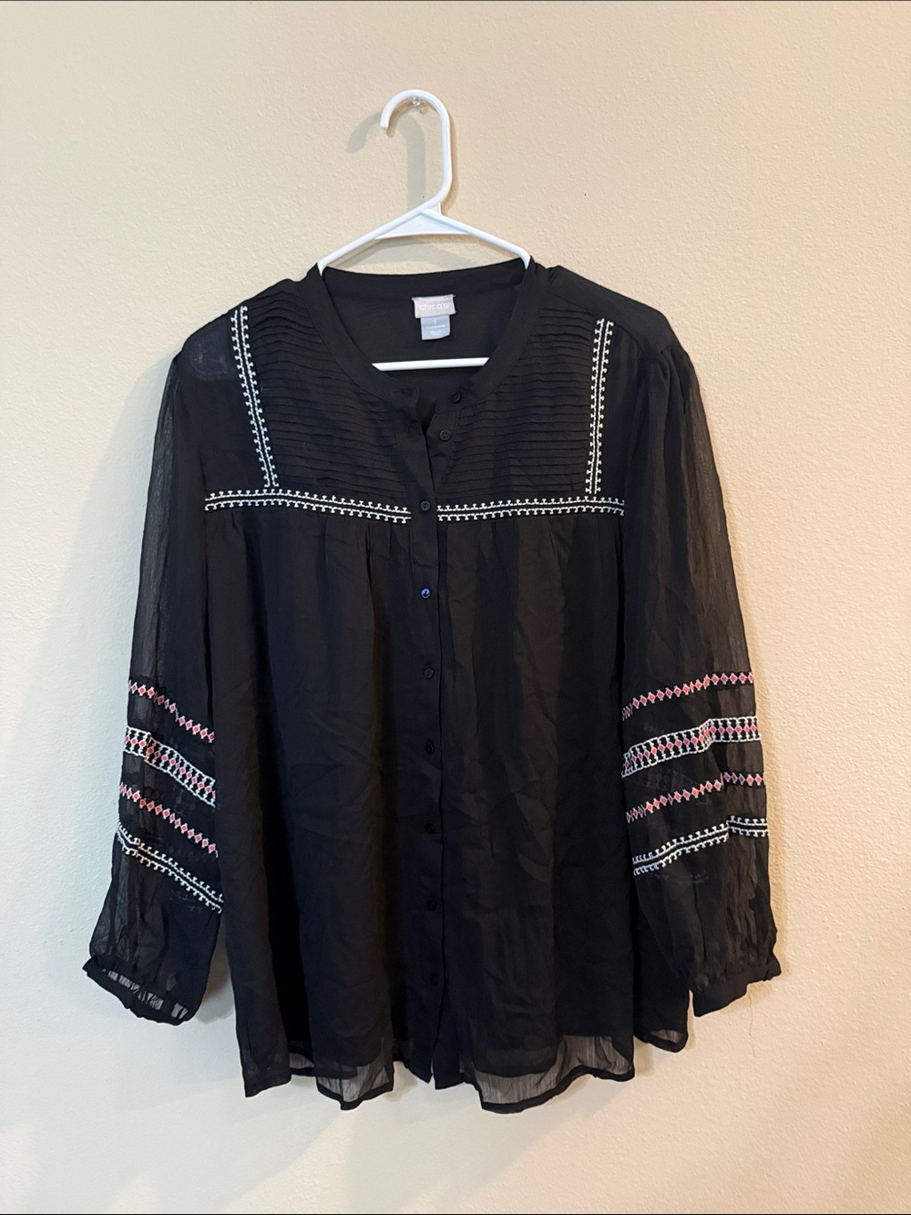 Chico's Black Embroidered Sheer Button-Up Blouse